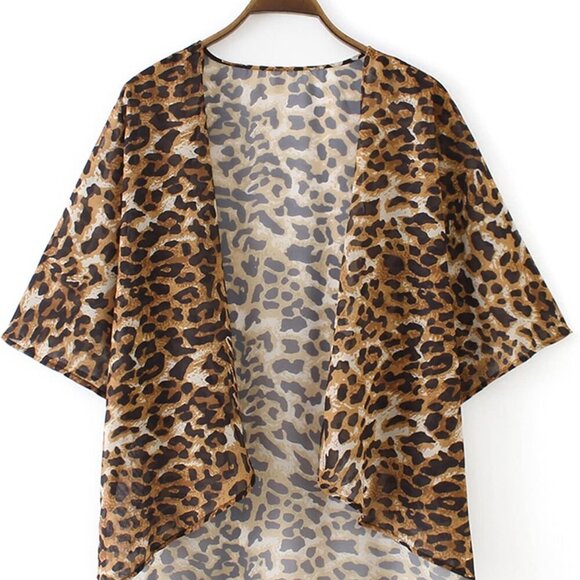 Women Floral Print Lightweight Chiffon Kimono Cardigan Short Sleeve Loose Beach - Picture 3 of 4